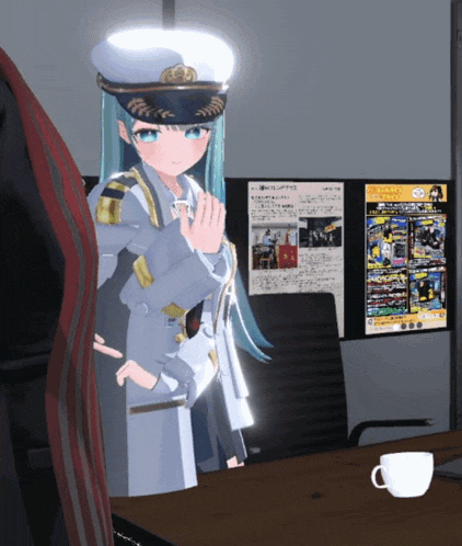 a girl in a military uniform is standing in front of a poster that says ' samurai ' on it