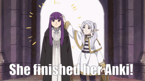 two anime girls are standing next to each other and the caption says she finished her anki