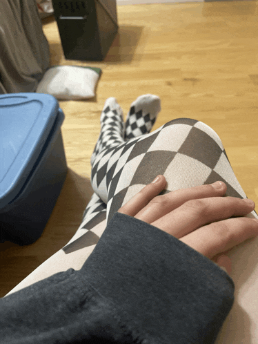 a person wearing a pair of checkered socks