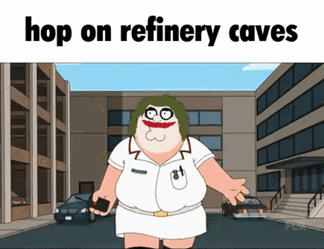 a cartoon of peter griffin dressed as the joker with the words hop on refinery caves above him