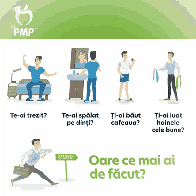 an advertisement for pmp shows a man sitting on a bed and a man running