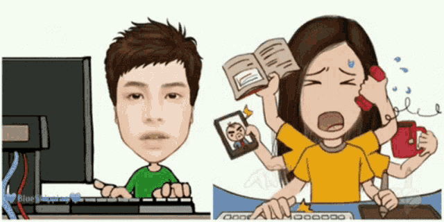 a cartoon of a man using a keyboard and a cartoon of a woman holding a book