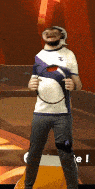 a man wearing a shirt with the letter e on it is holding a tennis racket
