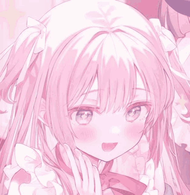 a close up of a pink anime girl with pigtails and blue eyes