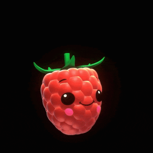 a cartoon raspberry with a smiling face and a green stem