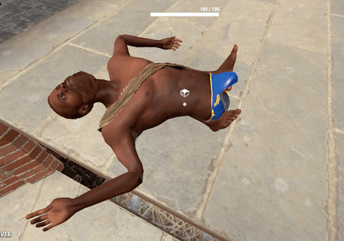 a video game shows a man laying on his back with a score of 160/160