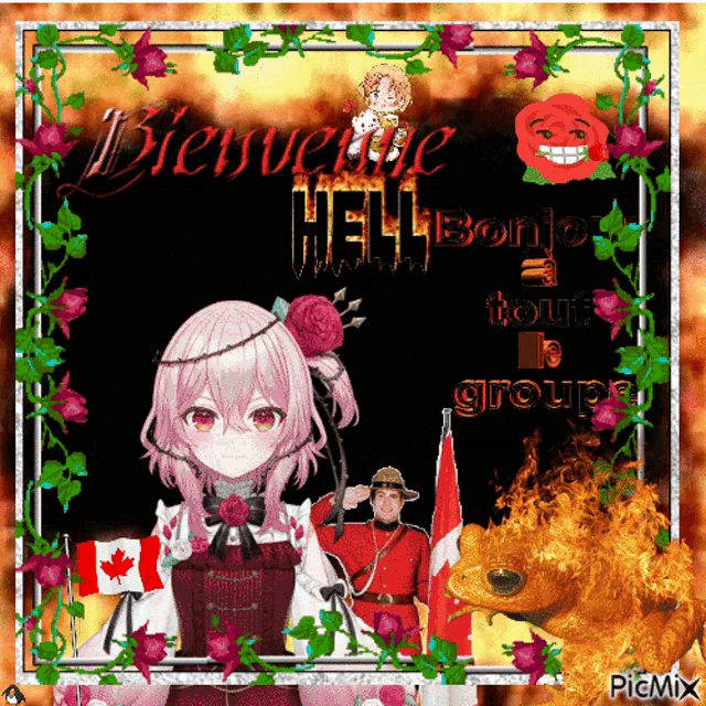 a picture of a girl with a rose in her hair and the words bienvenue hell bonjo tout le group