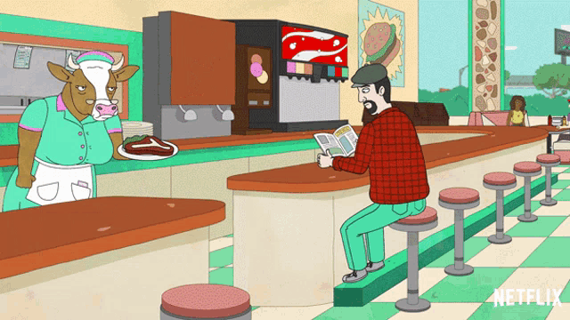 a man sits at a bar in a diner while a cow serves him food