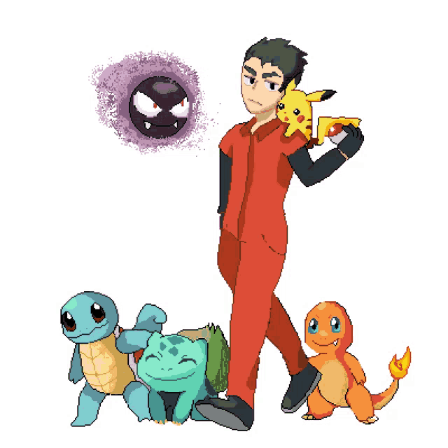 a pixel art drawing of a man in a red shirt holding a pikachu