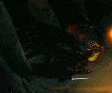 a drawing of a dragon with a sword in it 's mouth