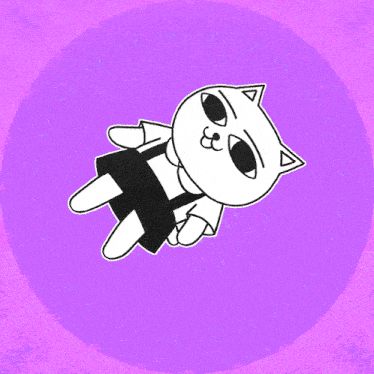 a black and white drawing of a cat on a pink background