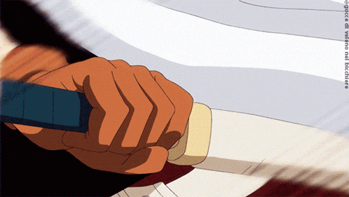 a cartoon drawing of a person holding a knife with a watermark that says ' gucce ' on it
