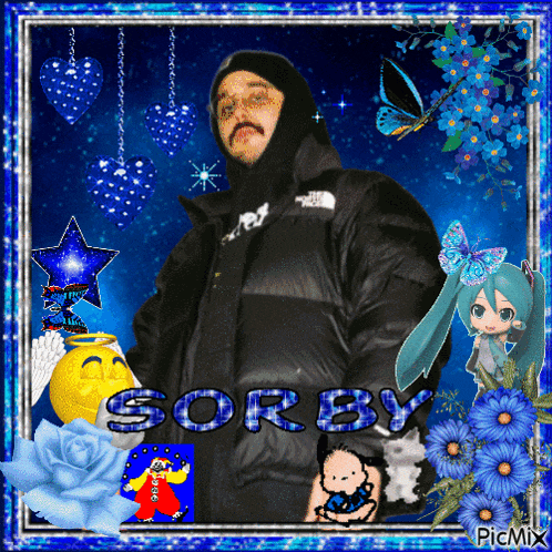 a picture of a man in a black jacket with the word sorby on it