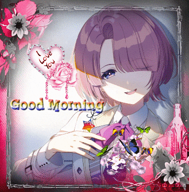 a picture of a girl with purple hair and the words good morning