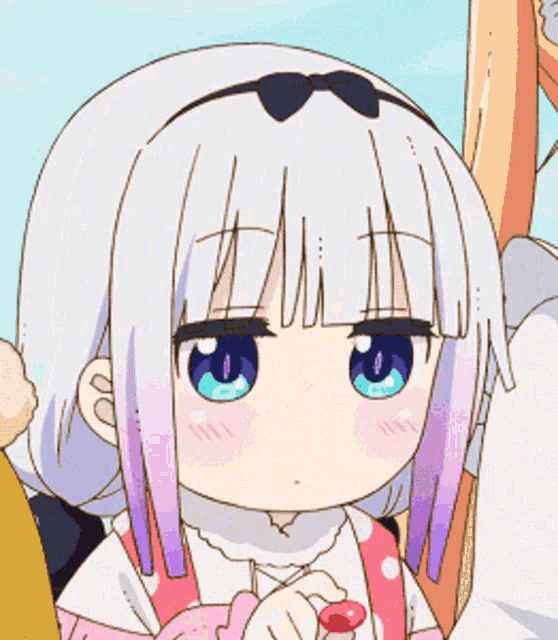 a close up of a girl with white hair and blue eyes