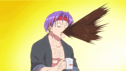 a man with purple hair has a tattoo on his chest that says n on it