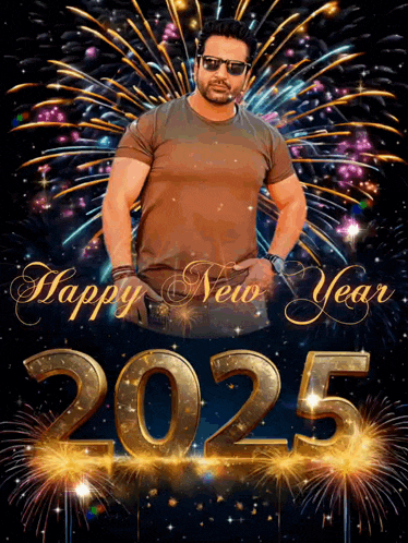 a man stands in front of a fireworks display and says happy new year