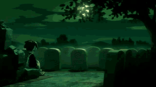 a boy sits in front of a cemetery with a row of graves that have the letters e on them