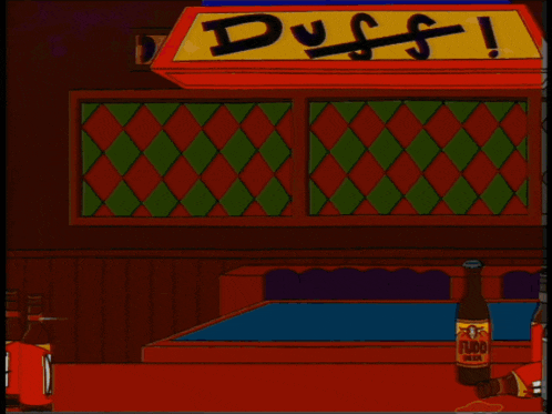 homer simpson in front of a duff sign