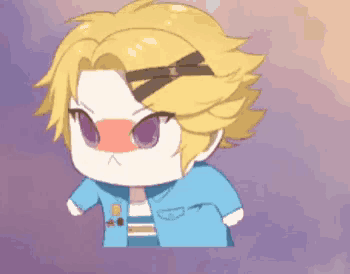 a cartoon character with yellow hair and purple eyes is wearing a blue jacket and a striped shirt .
