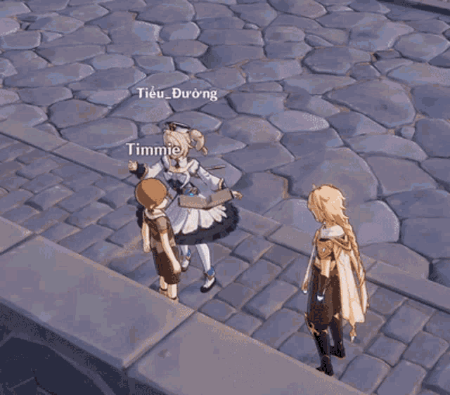 a video game character named timmie is standing on a brick walkway