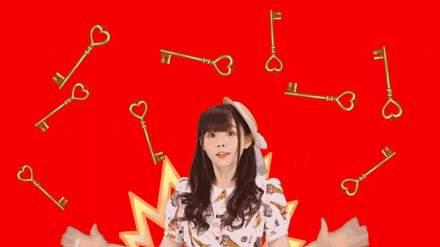 a girl with keys in the shape of hearts around her