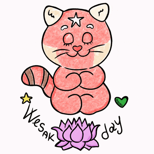 a drawing of a cat sitting on a lotus flower with the words wesak day below it