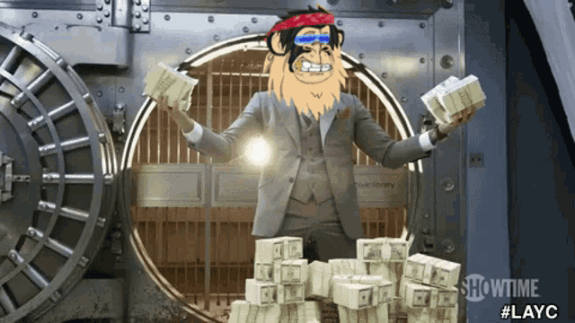a man in a suit is holding stacks of money in a bank vault