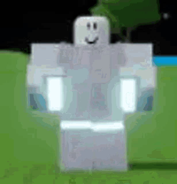 a white roblox character is standing in a grassy field with trees in the background .