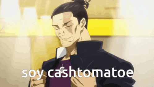 a man with a bun on his head is holding a knife in his hand and says soy cashtomatoe .