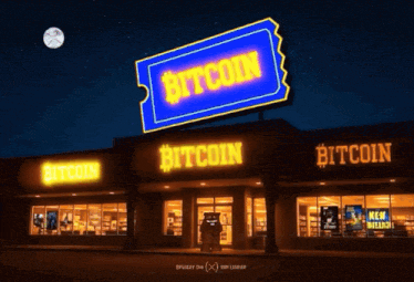 a building with a blue sign that says bitcoin