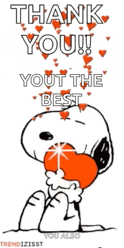 snoopy is holding a heart in his mouth and saying thank you ! you 're the best .