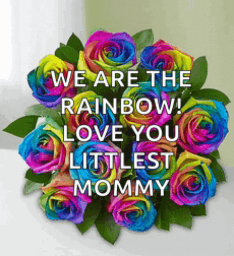 a bouquet of rainbow colored roses with a message that says we are the rainbow