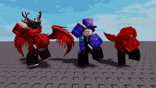 a screenshot of a roblox game shows a few characters including a wizard and a demon
