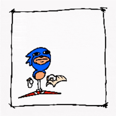 a cartoon drawing of sonic the hedgehog standing on a red carpet .