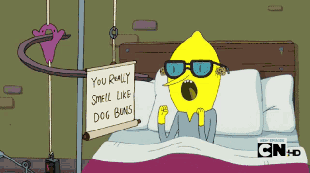 a cartoon character with glasses and a sign that says you really smell like dog buns