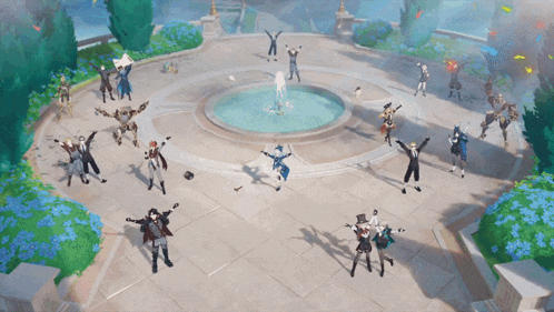 a group of people are dancing around a fountain in a video game