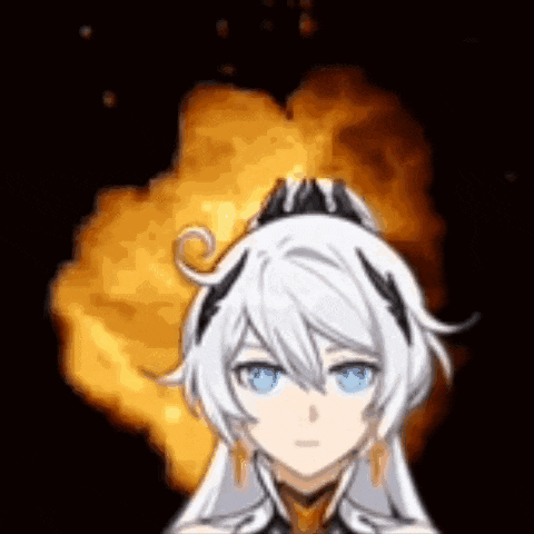 a cartoon girl with white hair and blue eyes is standing in front of a fire explosion .