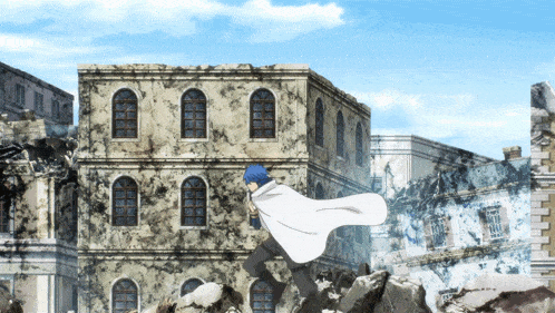 a man in a white cape is running in front of a building with a lot of windows