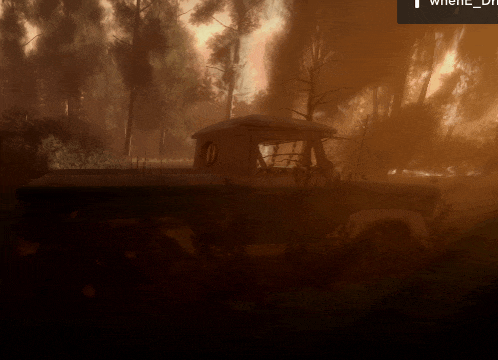a truck is parked in the middle of a forest with a sign that says when