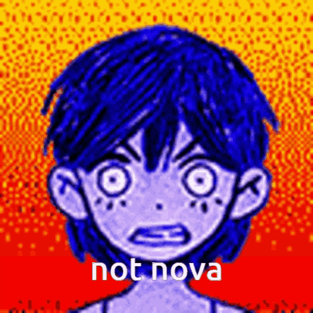 a cartoon of a boy with blue hair and the words `` not nova '' on the bottom