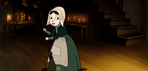 a cartoon drawing of a woman sweeping the floor with a broom