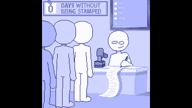 a sign that says days without being stamped hangs above a line of people