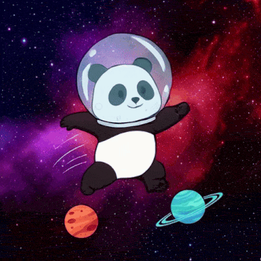 a panda bear wearing an astronaut 's helmet flies through space