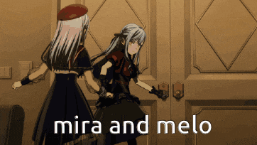 two anime girls are standing in front of a door and the words mira and melo are on the bottom