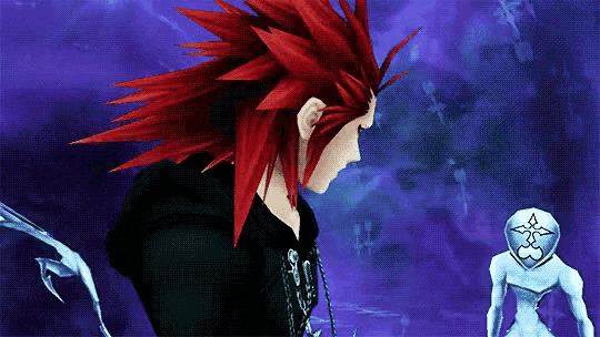a cartoon character with red hair is standing next to a purple and blue background .