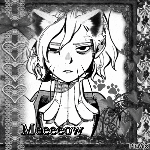 a black and white drawing of a cat with the name meeecow