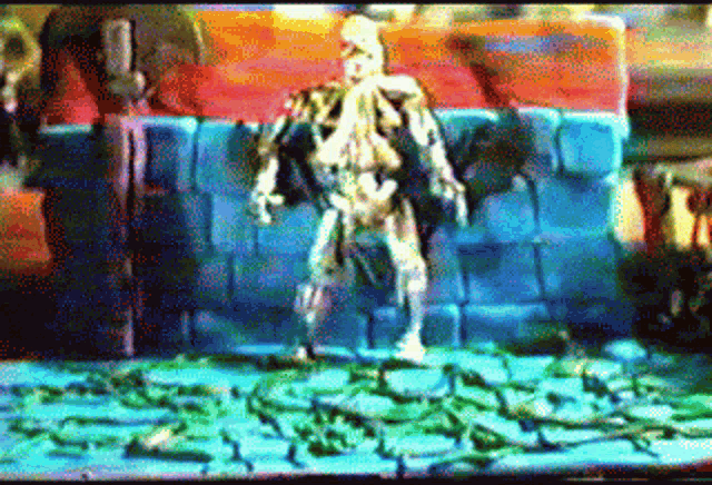 a skeleton is standing in front of a wall in a painting