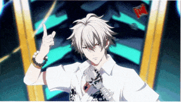 a boy with white hair is holding a skull and pointing at it