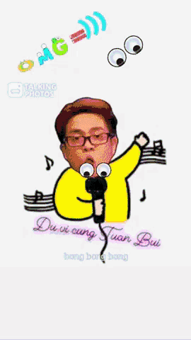 a cartoon of a man singing into a microphone with the words " du vi cung tuan bui " underneath him